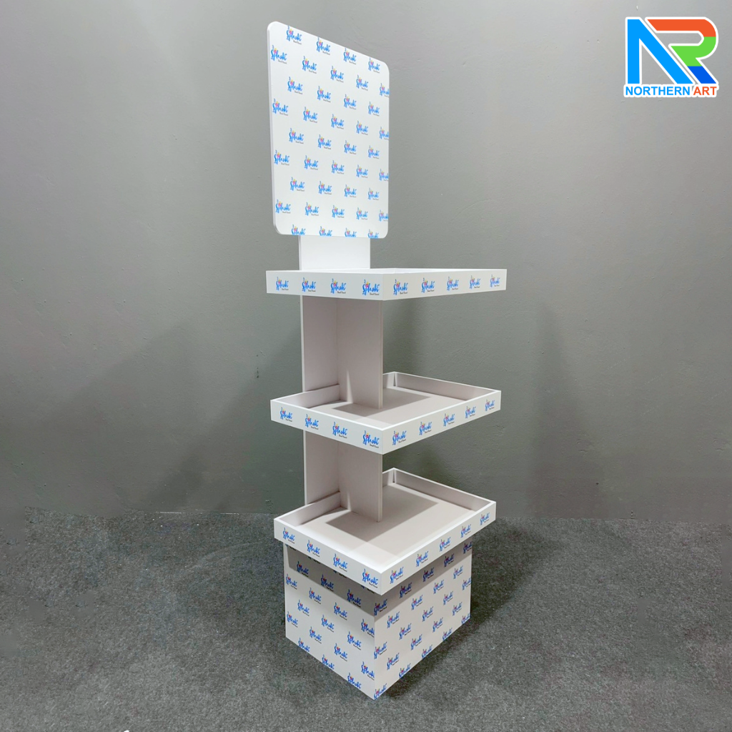 ชั้นวางสินค้าพลาสวูด 3 ชั้น ขนาด (W)40 x (D)31.6 x (H)150 ซม. พลาสวูดหนา 8 มม.พร้อมงานพิมพ์สติ๊กเกอร์