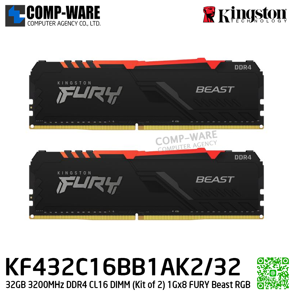 Kingston KF432C16BB1AK2/32 32GB 3200MHz DDR4 CL16 DIMM (Kit of 2) 1Gx8 FURY Beast RGB - Lifetime Warranty - Memory Module - RAM