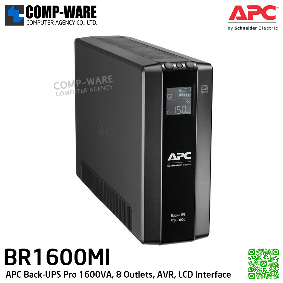 APC Back-UPS Pro 1600VA/960Watt , 8 Outlets, AVR, LCD Interface, APC-BR1600MI (เต้าเสียบ IEC, มี auto shutdown software, มีหน้าจอ LCD) / 3Y Onsite 5x8