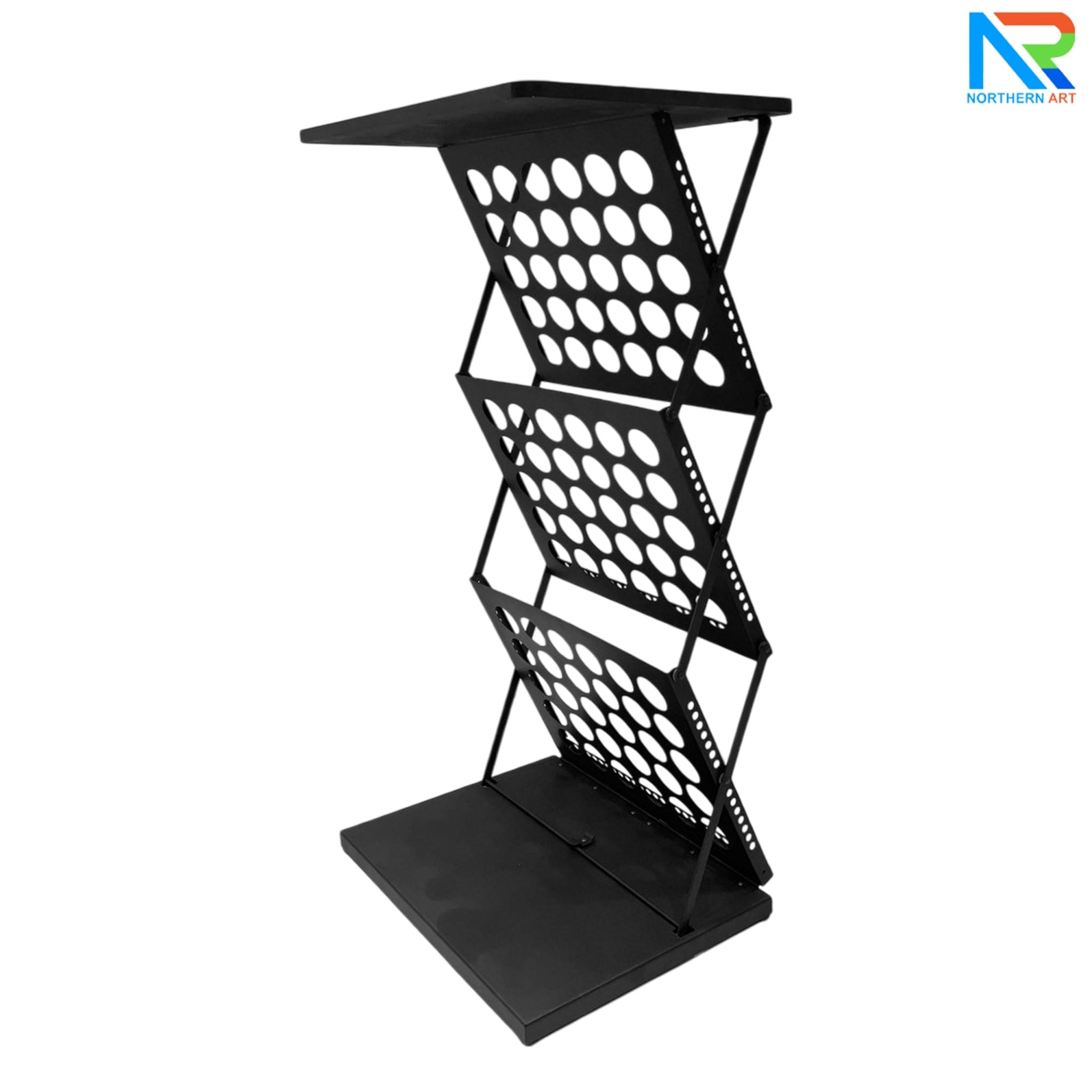 ชั้นวางโบรชัวร์เหล็กพร้อมTOPไม้สีดำ พับเก็บได้ ช่องใส่โบชัวร์ ขนาด A3 มี 3 ช่อง