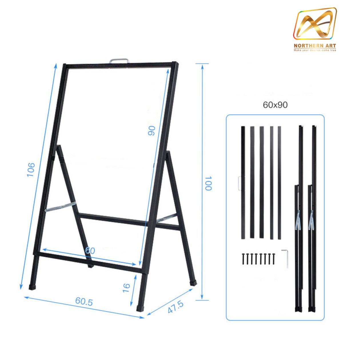 ป้ายตั้งพื้นเหล็ก สีดำ มีด้ามจับ ขนาด 60x90 cm. โชว์งานพิมพ์ 1 ด้าน พับเก็บได้ เคลื่อนย้ายสะดวก