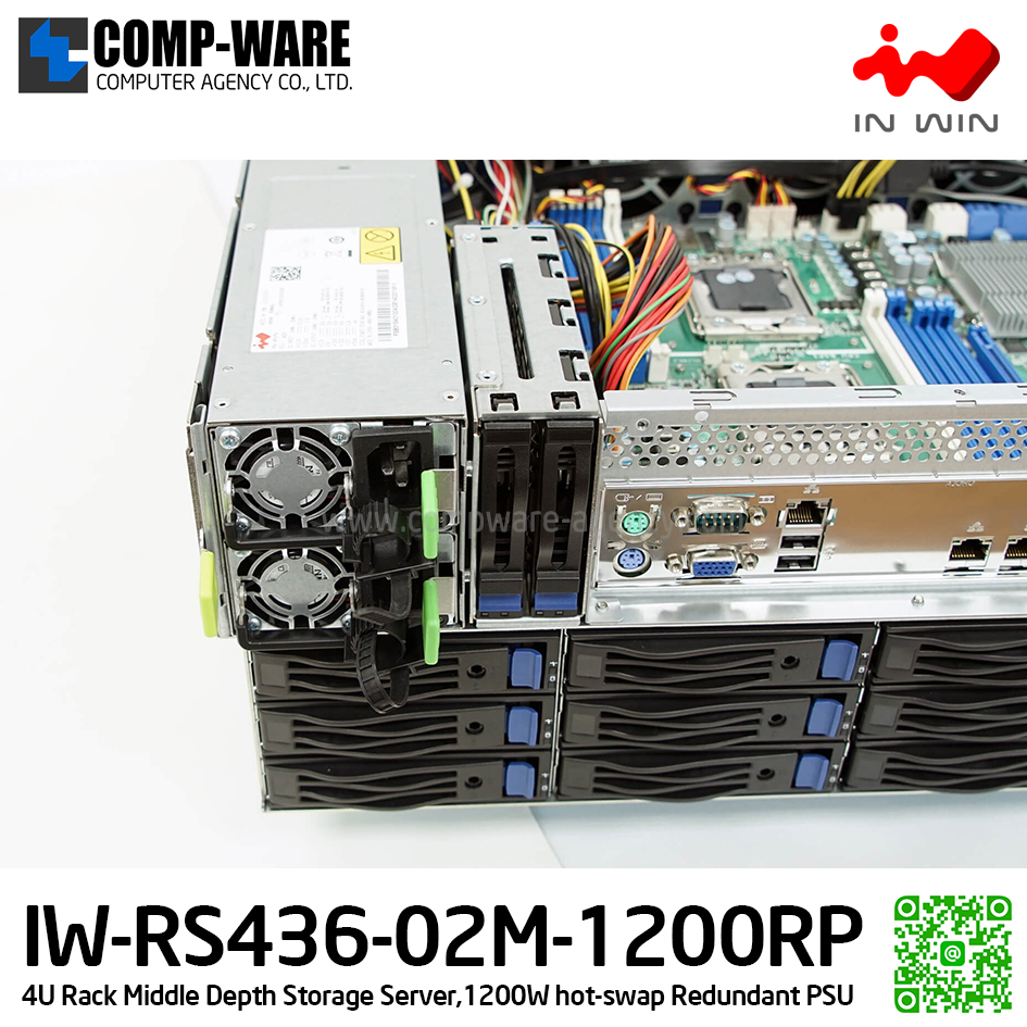 IN-WIN IW-RS436-02M-1200RP 4U Rackmount Middle Depth Storage Server, 1200W hot-swap Redundant Power Supply (เคสเปล่า+พาวเวอร์ซัพพลาย) รับประกัน 3ปี