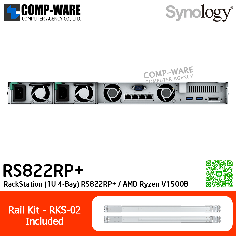 Synology RackStation (1U 4-Bay) RS822RP+ / AMD Ryzen V1500B / 2GB DDR4 ECC SODIMM / 4 x 3.5" SATA HDD or 2.5" SATA SSD / 4 x RJ-45 1GbE / Redundant PSU / with Rail Kit RKS-02 / No HDD / 3Y Warranty