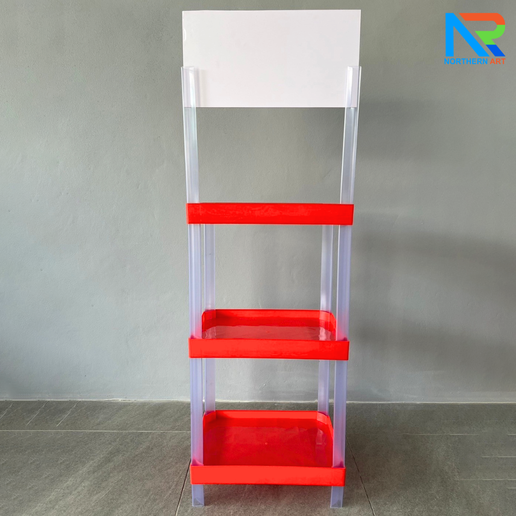 ชั้นวางสินค้าพลาสติก 3 ชั้น สีแดง ขนาด (W) 53 x (L) 35 x (H) 140 cm. น้ำหนักเบา ถอดประกอบได้