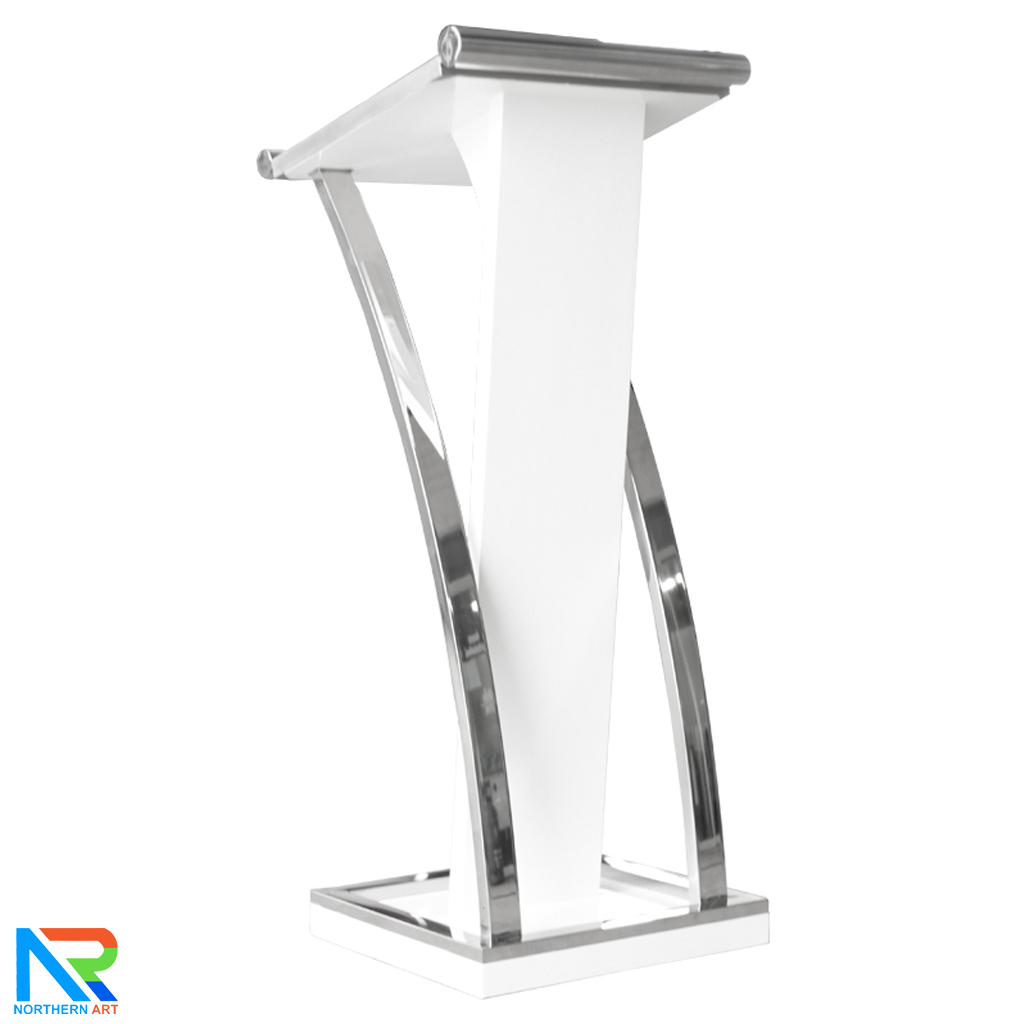 โพเดียมไม้จริง สีขาว PD-01 ขนาด (W) 48x (L) 51 (H) 120 cm Top หุ้มสแตนเลส เกรด 304 พร้อมตกแต่งเสาโค้งสแตนเลส