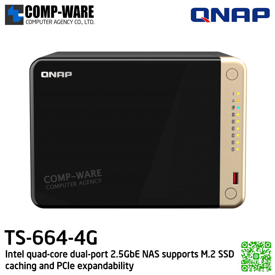 QNAP (Tower 6-Bay) TS-664-4G / Intel Celeron N5105/N5095 / 4GB DDR4 SODIMM / 6 x 3.5-inch SATA 6Gb/s / 2 x 2.5GbE / 2 x M.2 2280 / 1xHDMI / Adapter Power / 3Y Warranty / No HDD