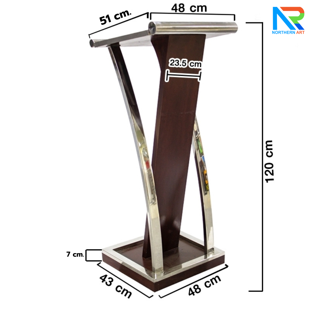 โพเดียมไม้จริง สีโอ๊คน้ำตาล PD-01 ขนาด (W) 48x (L) 51 (H) 120 cm Top หุ้มสแตนเลส เกรด 304 พร้อมตกแต่งเสาโค้งสแตนเลส