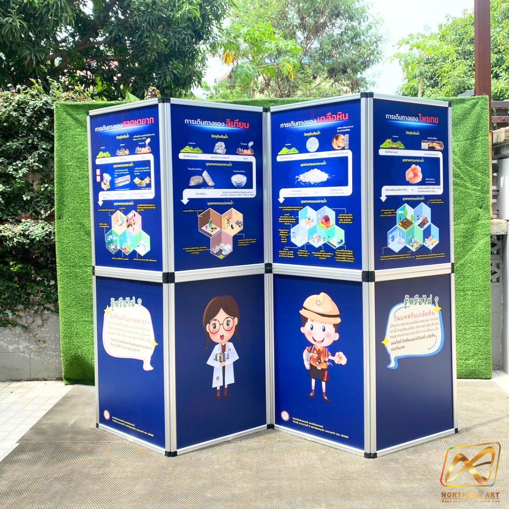 บอร์ดจัดนิทรรศการ รุ่น 8 แผ่น โครงอะลูมิเนียม ถอดประกอบได้ โชว์งานพิมพ์ 2 ด้าน พับเก็บได้ เคลื่อนย้ายสะดวก