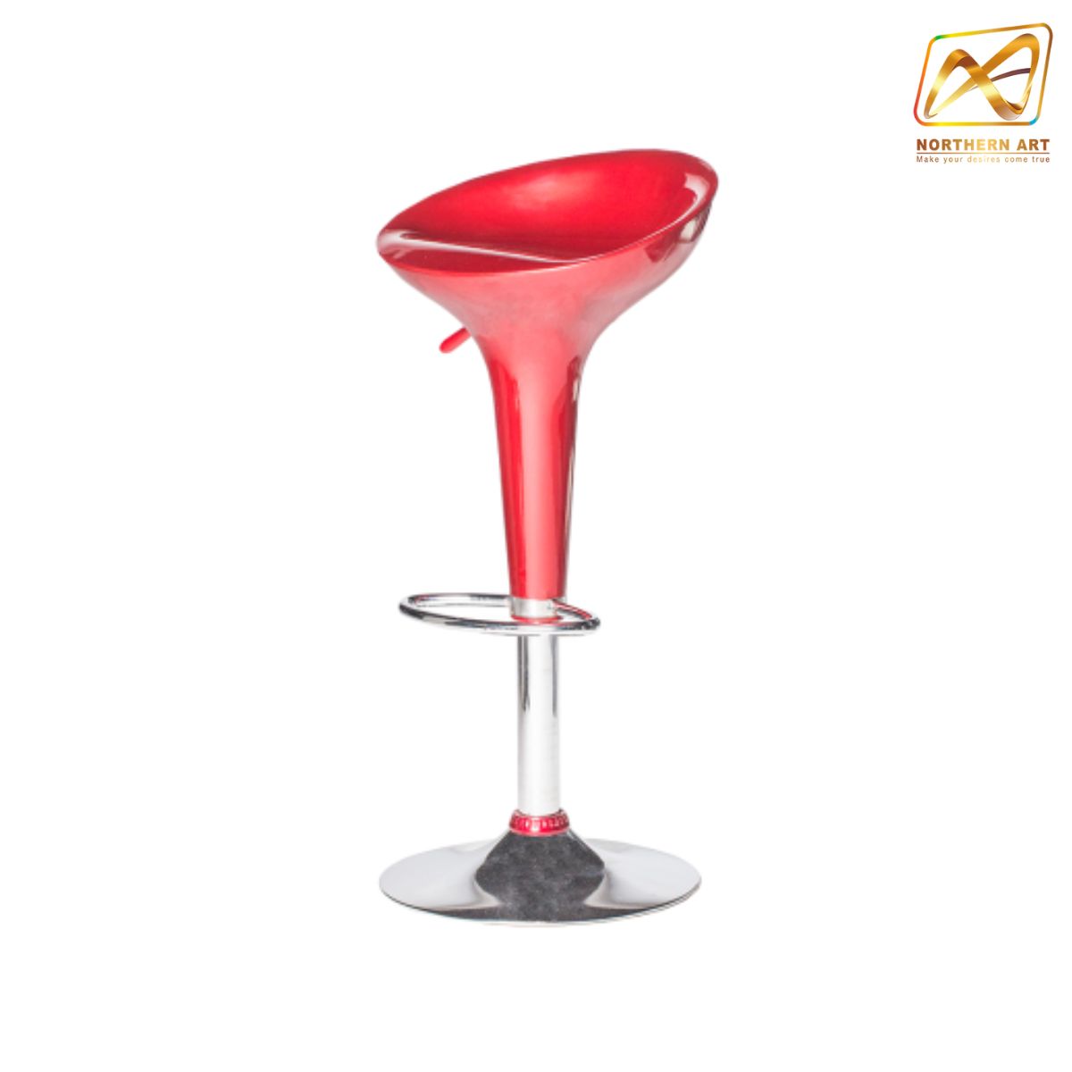 เช่าเก้าอี้บาร์ ทรงถ้วยไอศครีม ปรับสูงต่ำได้ ขาเหล็กชุบโครเมี่ยม มี3สี ขาว แดง ดำ