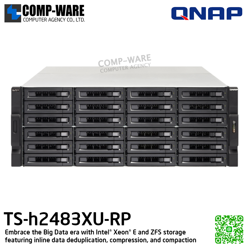 QNAP (4U 24-Bay) TS-h2483XU-RP-E2236-128G / Intel Xeon E-2236 (6C/12T) / 128GB DDR4 ECC / 24 x 2.5"/3.5" SATA 6Gbps / 4 x 1GbE RJ45, 2 x 10GbE SFP+ SmartNIC, 2 x 10GBASE-T, 40GbE/25GbE/FC / Redundant PSU / 3Y Warranty / No HDD / RAIL-A02-90