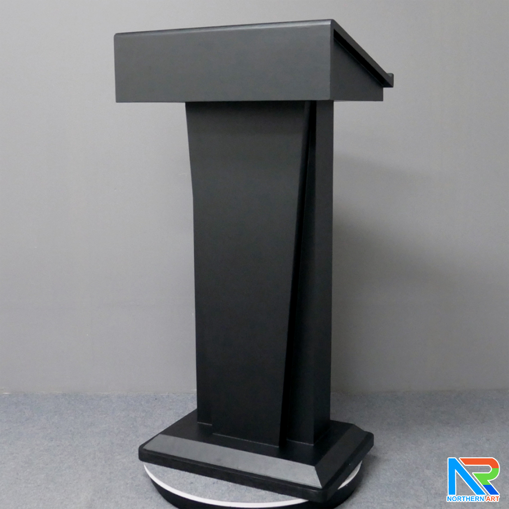 โพเดียมไม้ สีดำ รุ่น PD-WJ-02 ขนาด (W)58 x (L)46.5 cm. สูง 115 cm. ทรงโมเดิร์น TOP เอียง พร้อมตู้ใส่ของมีกุญแจล็อค