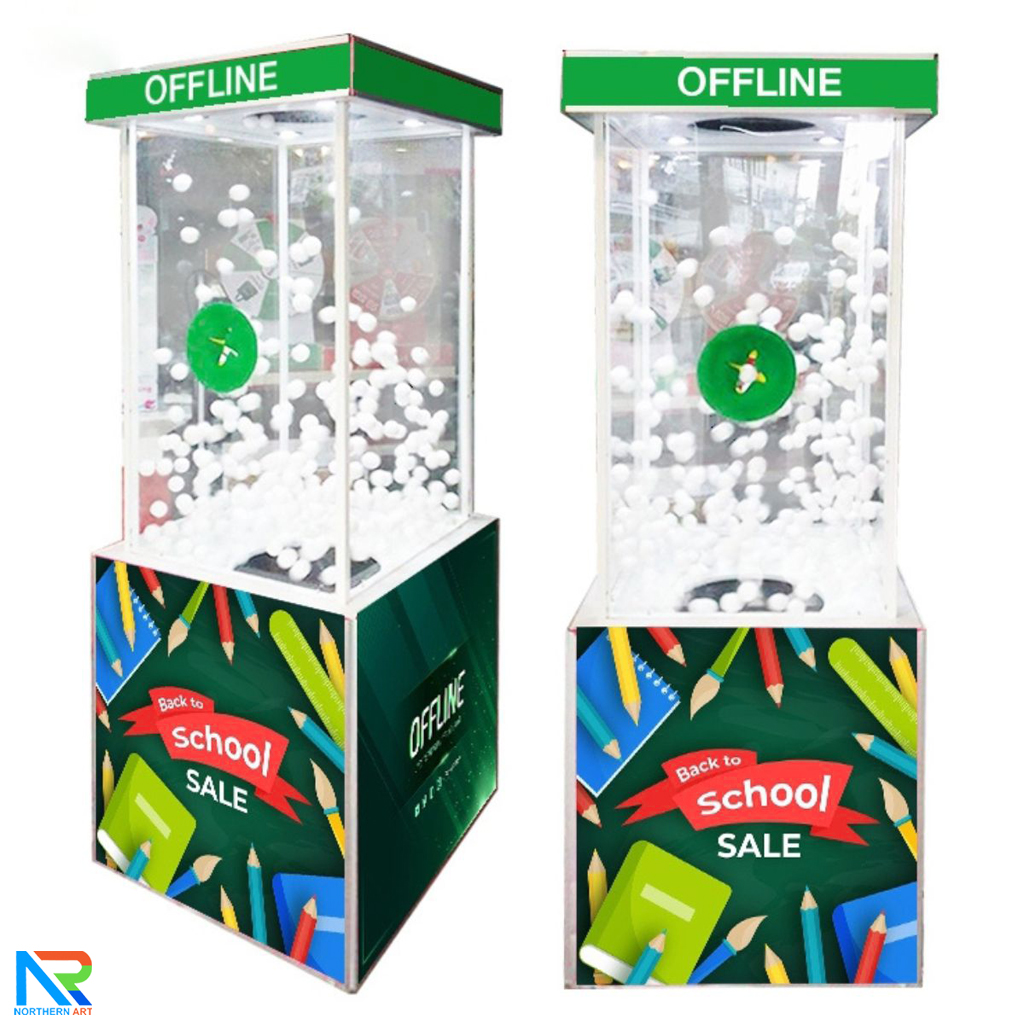 เช่าเกมส์ตู้ลม เช่าตู้ลมจับรางวัล (W)70 x (L)70 X (H)185 cm.พร้อมงานพิมพ์สติ๊กเกอร์ ไม่รวมบอลโฟม