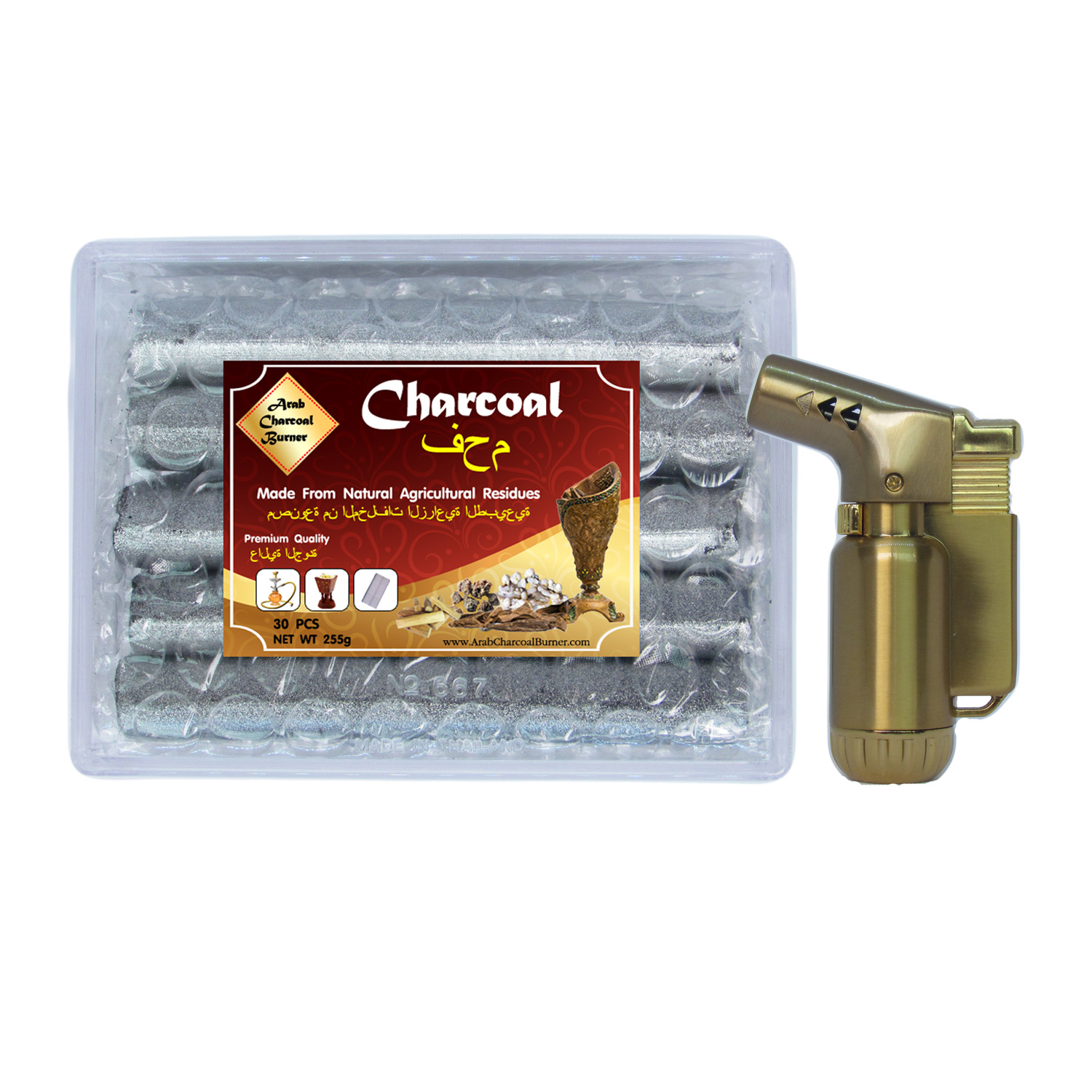 Arab Charcoal Burner ถ่าน ถ่านเผา ถ่านไม้ ถ่านพิเศษ ถ่านชาโคล สำหรับจุดไฟเผา ไม้กฤษณา ไม้จันทน์ กำยาน มดยอบ ยางไม้หอมทุกชนิด ทำจากธรรมชาติ 100% +ไฟแช็คไอพ่น ไฟฟู่ คุณภาพสูง ให้ไฟเสถียร สม่ำเสมอ ปรับระดับได้ วัสดุเหล็ก สีทอง รูปทรงสวยหรู นำสมัย เติมแก๊สได้