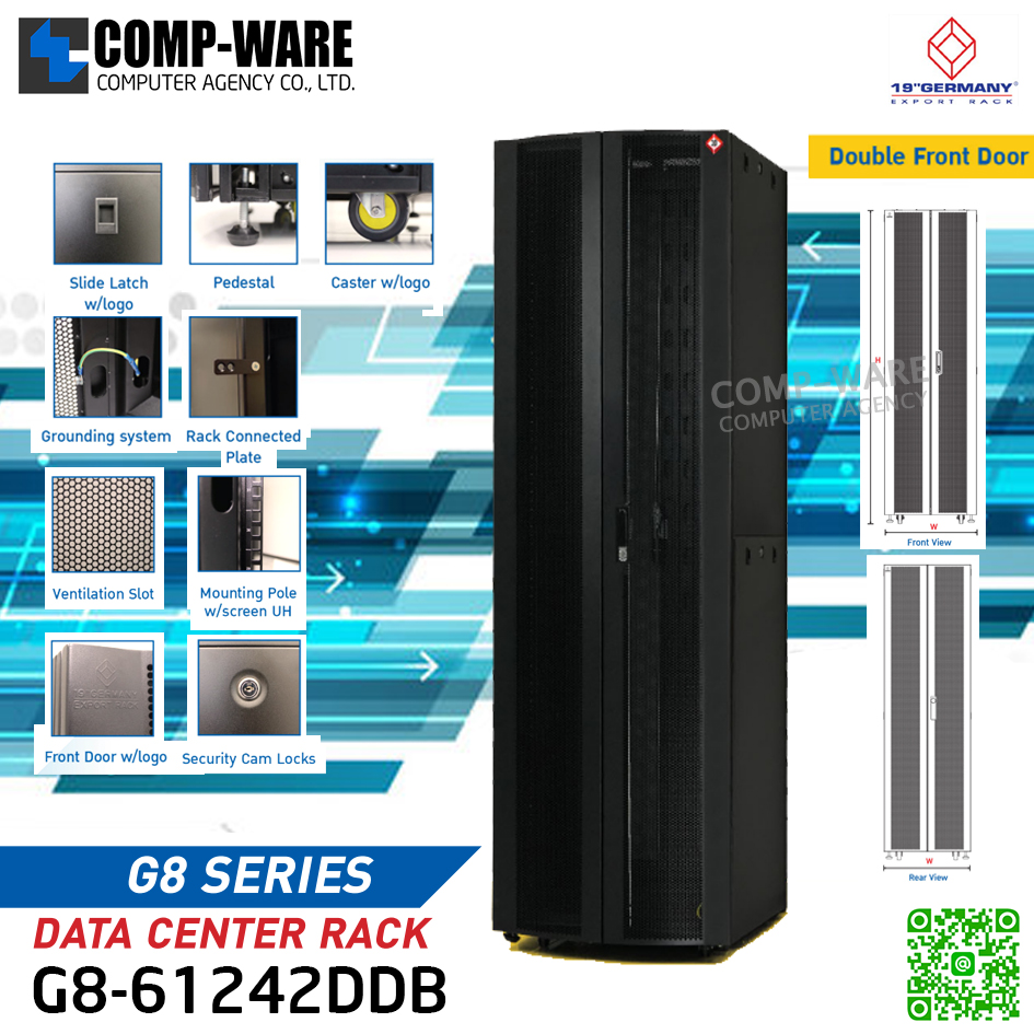 19" GERMAN G8-61242DDB DATA CENTER RACK 42U, ลึก 120cm. Black (60cm*120cm*205cm) รุ่น G8 Series Double Front Curve Perforate Door // ตู้เปล่าเท่านั้นไม่มีอุปกรณ์เสริม