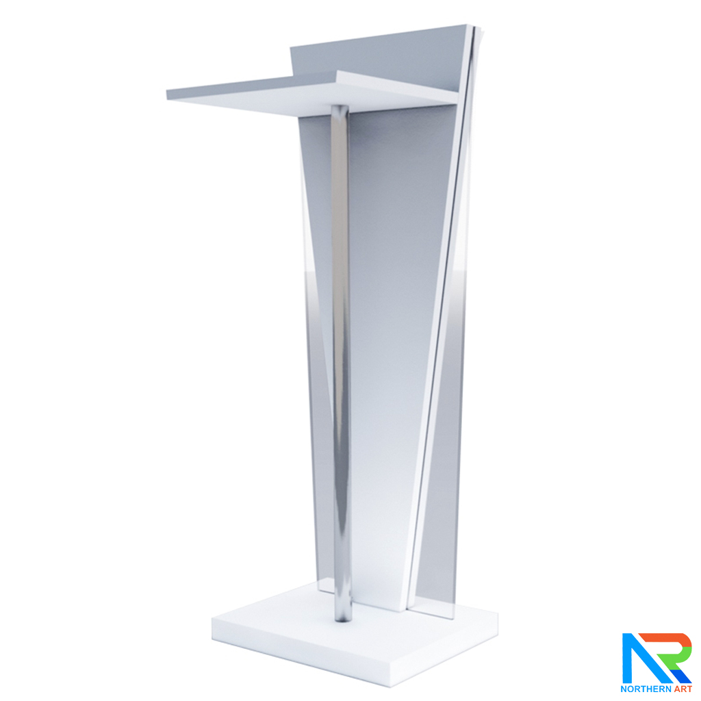 โพเดียมไม้สีขาว ทรงสามเหลี่ยม ขนาด (W) 45 x (L) 35 x (H) 120 cm. ด้านข้างอะคริลิคใส หนา 8 มม. ด้านหน้าอะคริลิคใส ติดหมุด สำหรับติดโลโก้