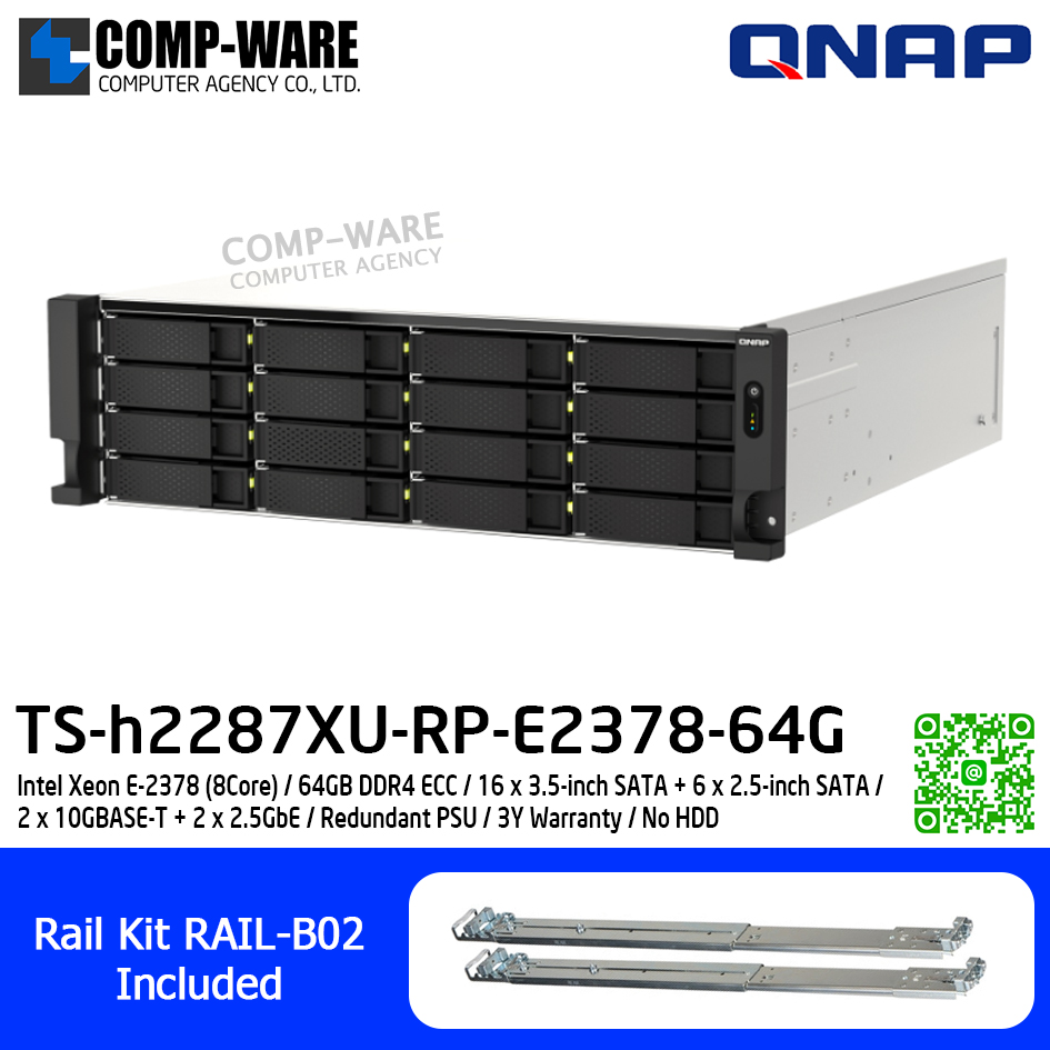 QNAP (3U 22-Bay) TS-h2287XU-RP-E2378-64G / Intel Xeon E-2378 (8Core) / 64GB DDR4 ECC / 16 x 3.5-inch SATA + 6 x 2.5-inch SATA / 2 x 10GBASE-T + 2 x 2.5GbE / Redundant PSU / 3Y Warranty / No HDD / Rail Kit RAIL-B02