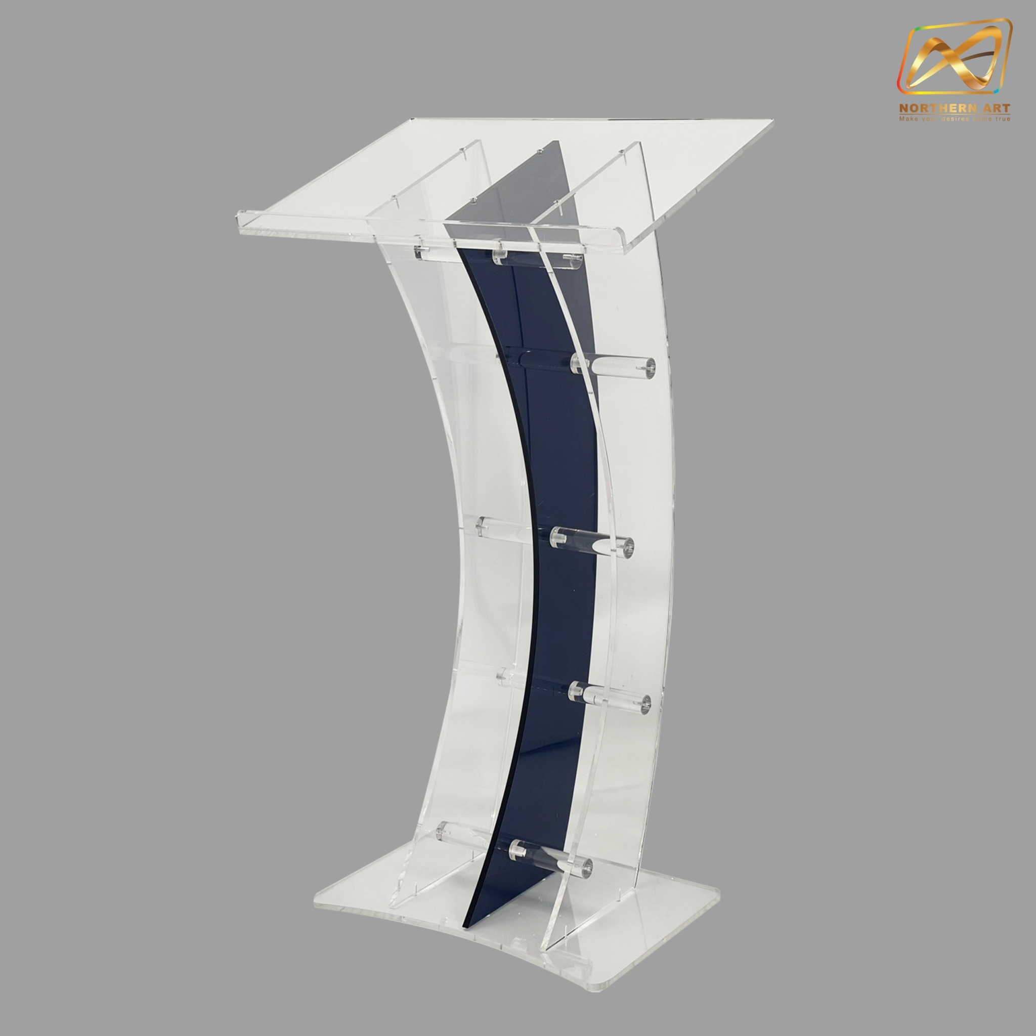 โพเดียมอะคริลิคใส และอะคริลิคสีน้ำเงิน ขนาด(W)60 x (L)42 x (H)113 cm. TOP เอียงพร้อมกันตก