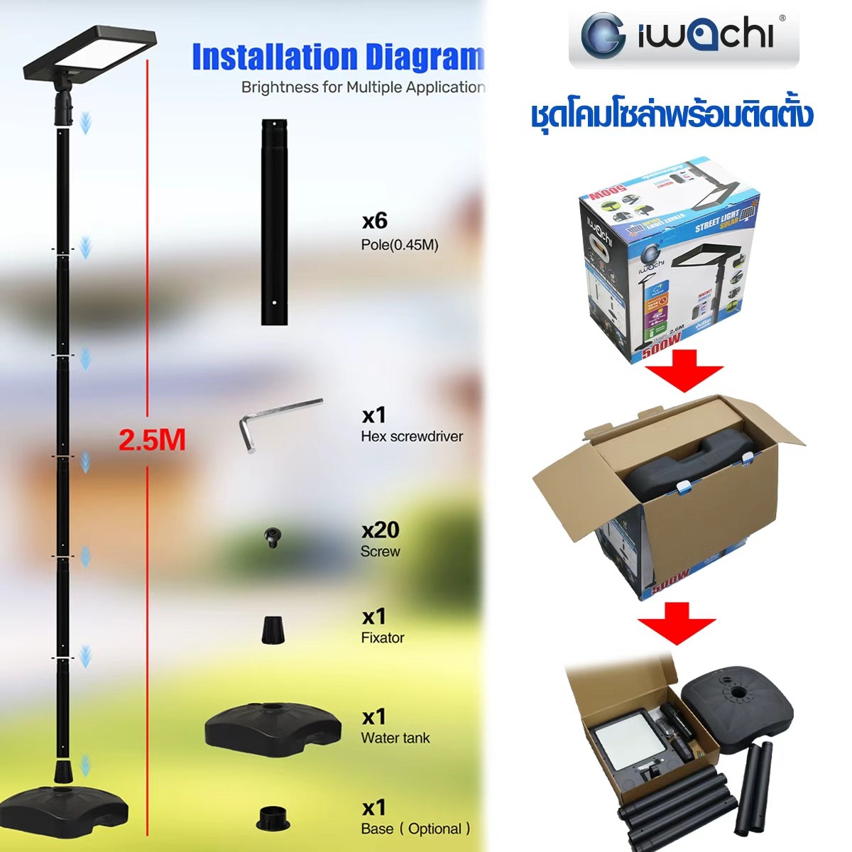 ไฟถนน solar 500w พร้อมเสาสูง 2.5เมตร พร้อมฐาน