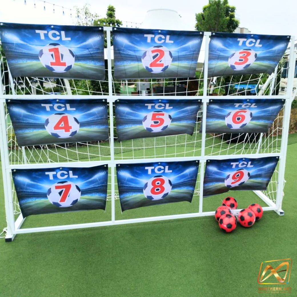 เข่าเกมส์ฟุตบอล เกมส์เตะบอล เกมส์FOOTBALL ขนาด (W)3 x (H)2 ม.โครงเหล็กสีขาว ถอดประกอบได้ พร้อมป้าย9 ช่อง