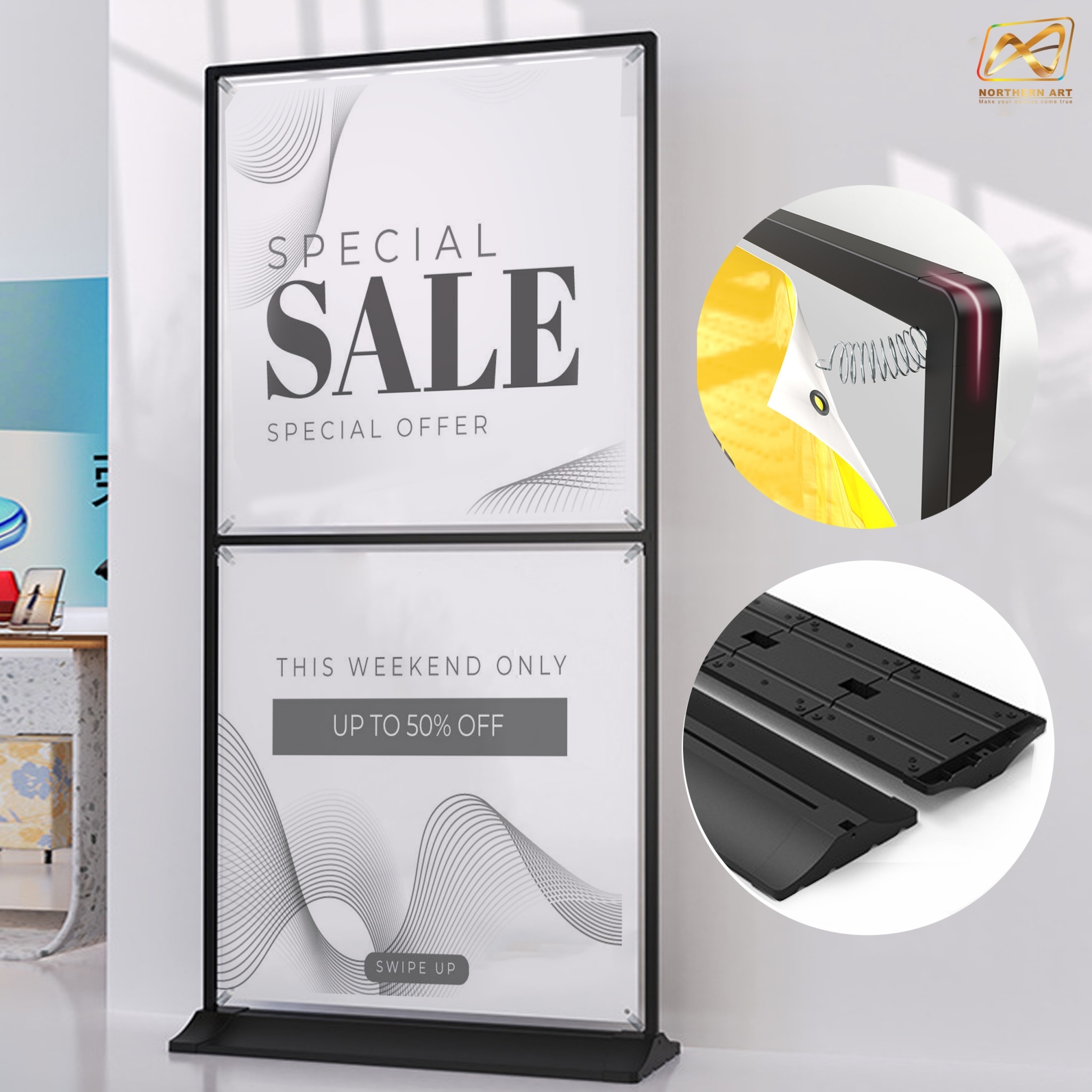 ป้ายตั้งพื้น รุ่นแขวน แบบ 2 เฟรม ฐานพลาสติกขึ้นรูป ขนาด 100x200 ซม. โครงเหล็กสีดำพร้อมขอแขวน 4 มุม ถอดประกอบได้ เคลื่อนย้ายสะดวก