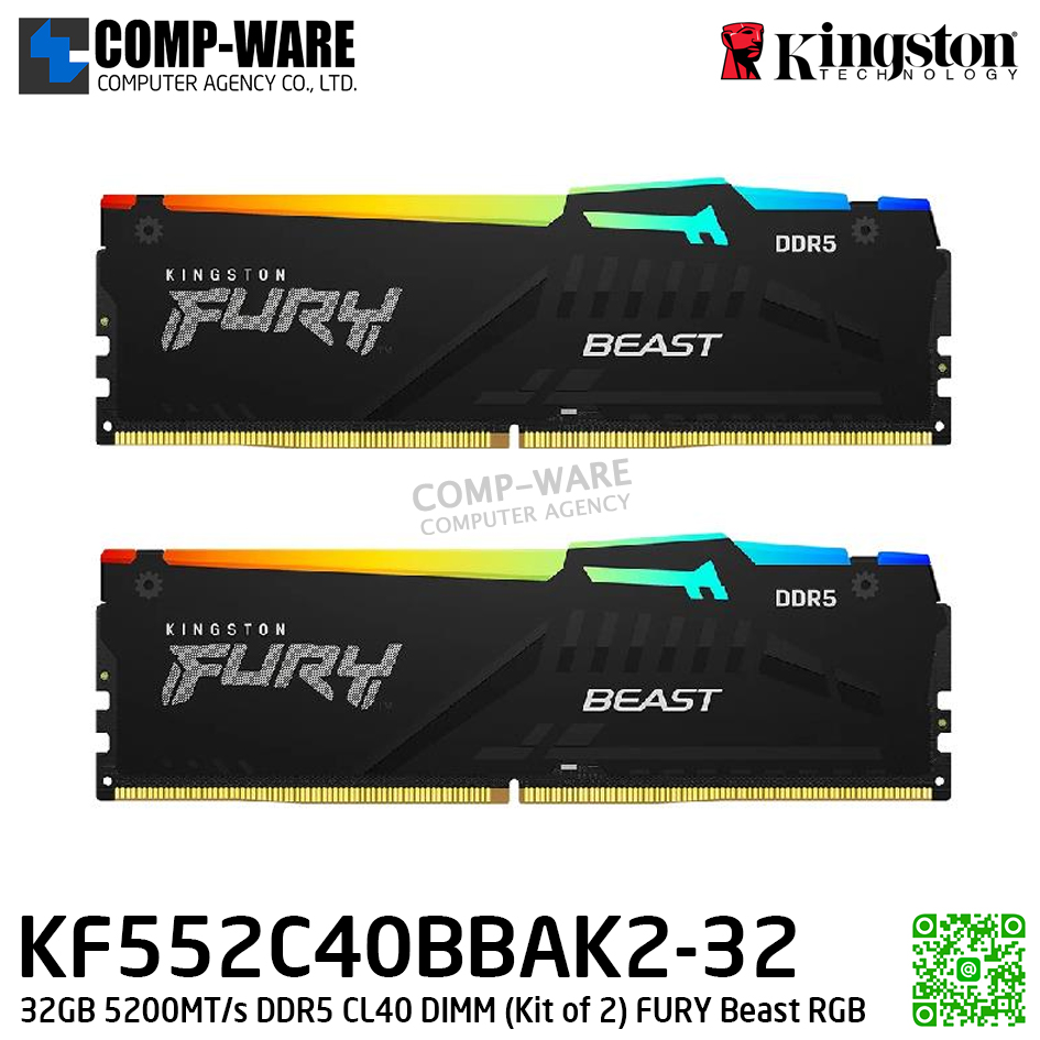 Kingston KF552C40BBAK2-32 32GB 5200MT/s DDR5 CL40 DIMM (Kit of 2) FURY Beast RGB - Lifetime Warranty - Memory Module - RAM
