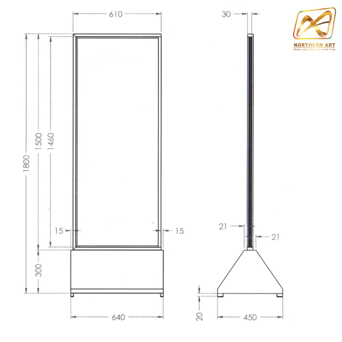 ป้ายตั้งพื้นสแตนเลส ฐานสามเหลี่ยม ขนาด (W)61 x (D)45 x(H)180 cm.โชว์งานพิมพ์ได้ 2 ด้าน