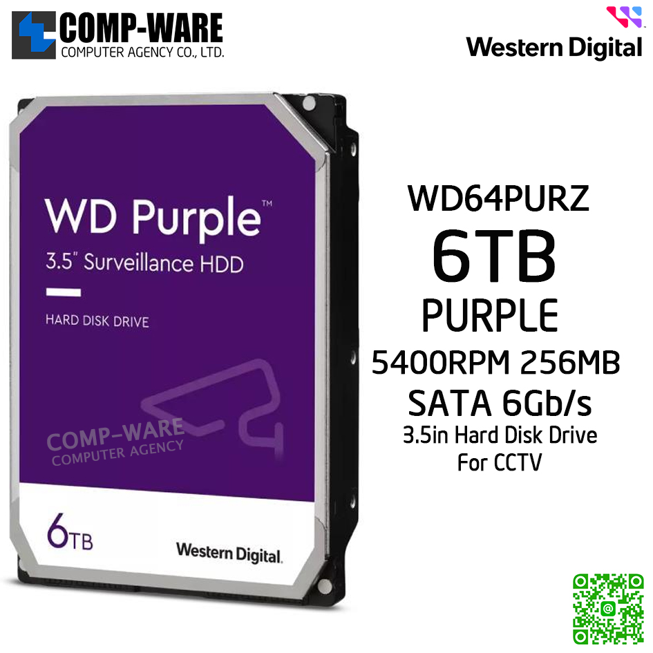 WD Purple 6TB AV Surveillance Hard Disk Drive - 5400RPM SATA 6Gb/s 256MB Cache 3.5 Inch - WD64PURZ - 3Y Warranty