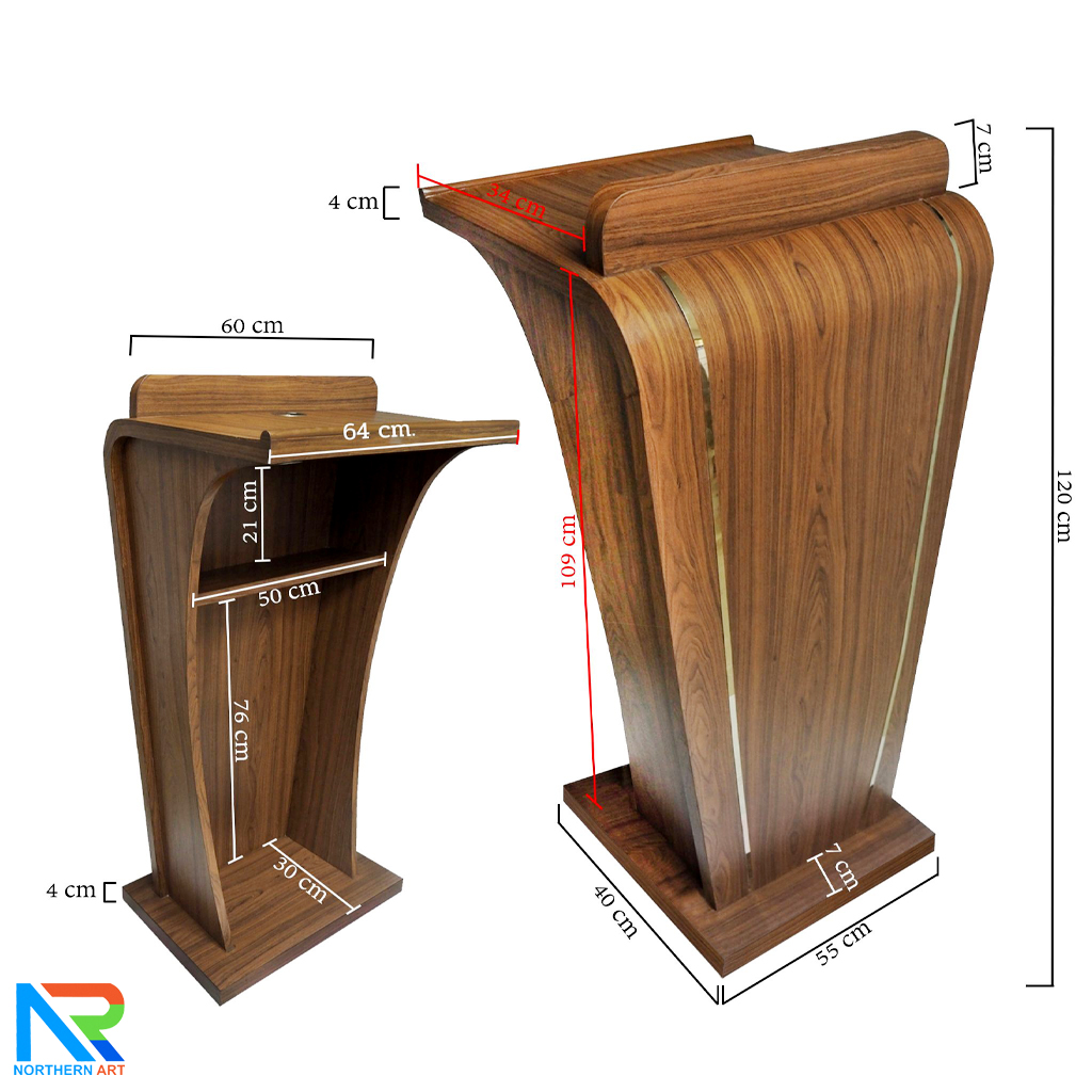 โพเดียม ลายไม้ สีโอ๊ค Top ตรง ขนาด (W) 60 x (L) 39 cm. สูง 120 cm. ตกแต่งแถบสแตนเลสสีทองด้านหน้า พร้อมชั้นวางของ