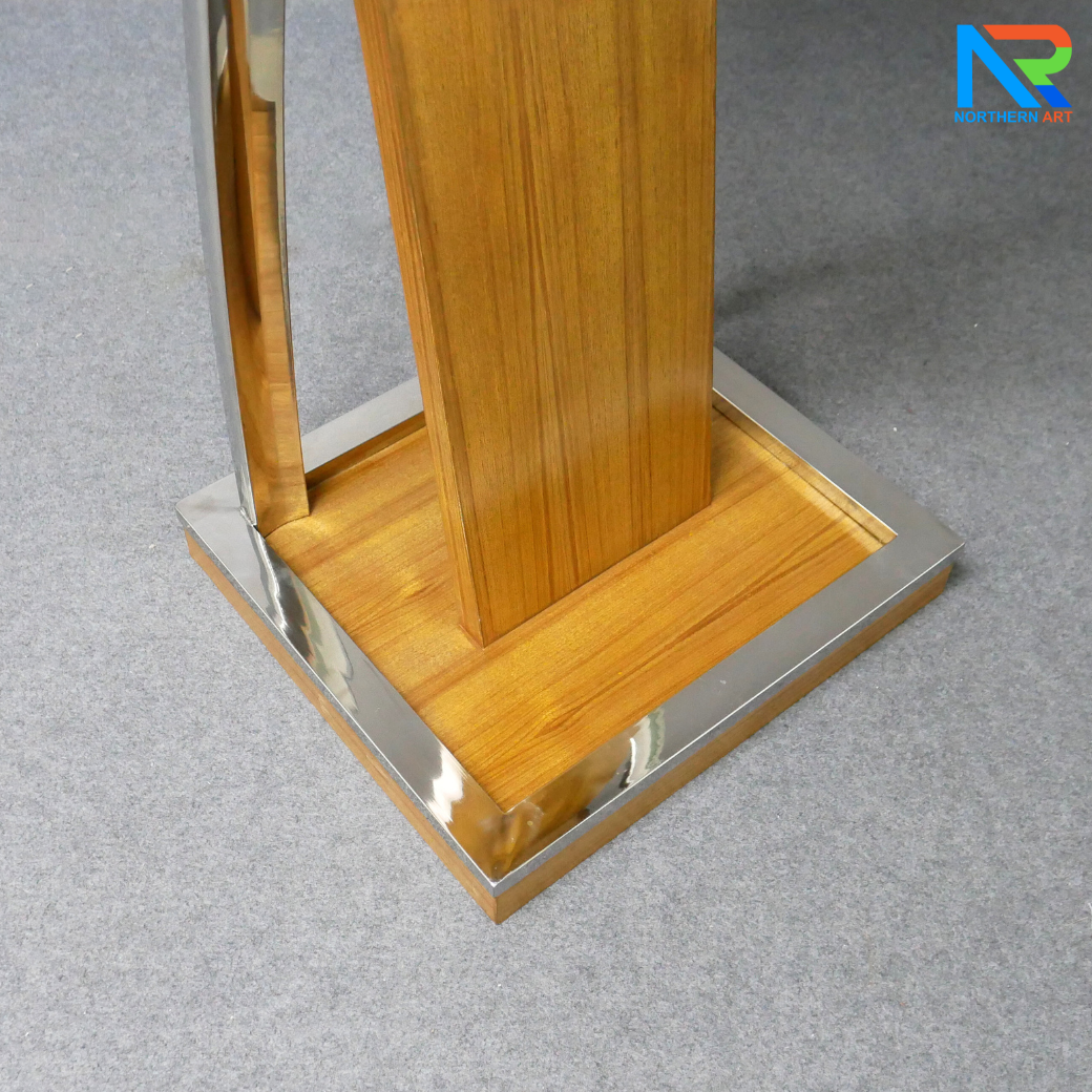 โพเดียมไม้จริง สีสัก PD-01 ขนาด (W)48 x (L)51 x (H)120 cm Top หุ้มสแตนเลส เกรด 304 แข็งแรงทนทาน พร้อมจัดส่งทั่วไทย