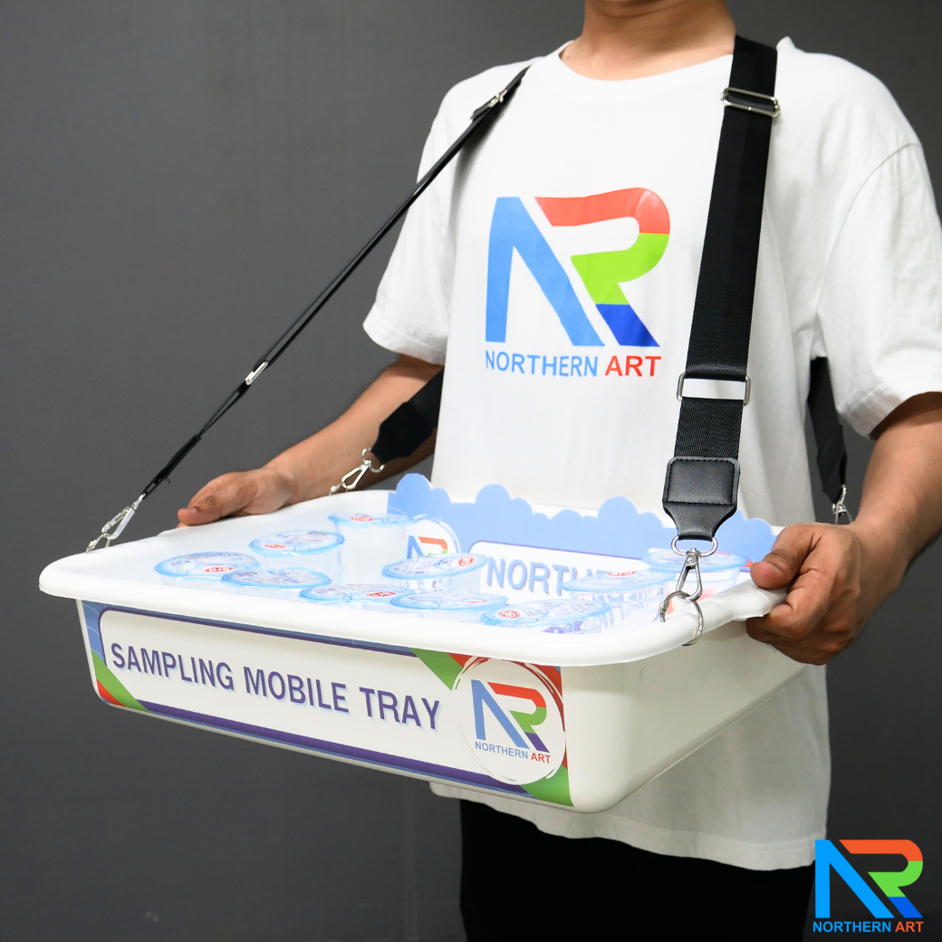 SAMPLING MOBILE TRAY ถาดแจกเคลื่อนที่ ขนาด (W)52 x (D)38 x (H)11 cm. ถาดพลาสติกสีขาวพร้อมสายคล้อง