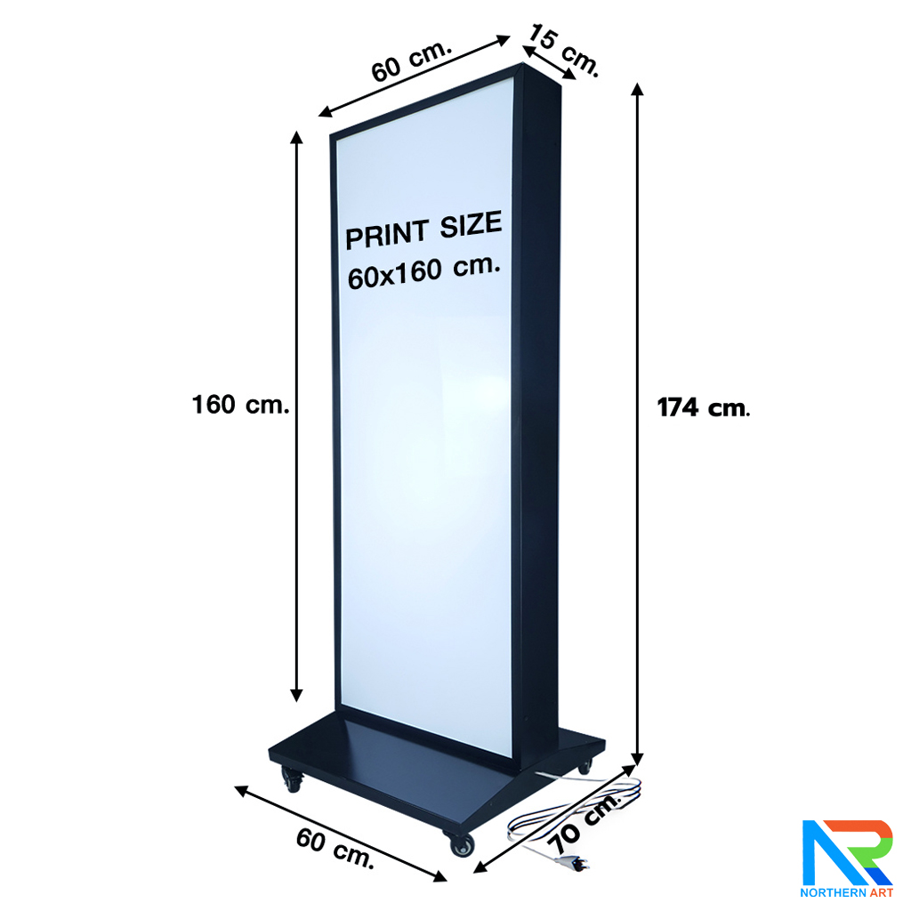 ตู้ไฟ LED ตั้งพื้น ฐานSLOPE ขนาด 60x175 ซม.โครงเหล็กพร้อมแผ่นซิงค์ สีดำ แผ่นอะคริลิค 2 แผ่น โชว์งานพิมพ์ 2 ด้าน มีล้อเลื่อน เคลื่อนย้ายสะดวก