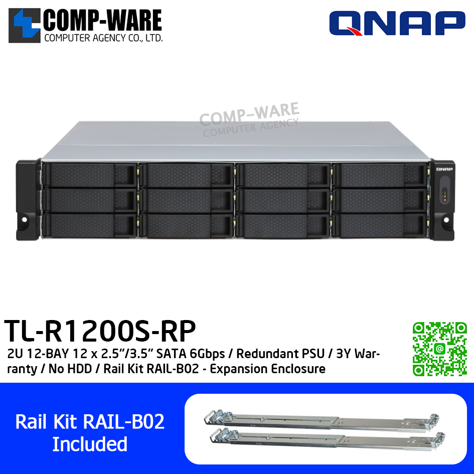 QNAP (2U 12-Bay) TL-R1200S-RP / 12 x 2.5"/3.5" SATA 6Gbps / Redundant PSU / 3Y Warranty / No HDD / Rail Kit RAIL-B02 - Expansion Enclosure