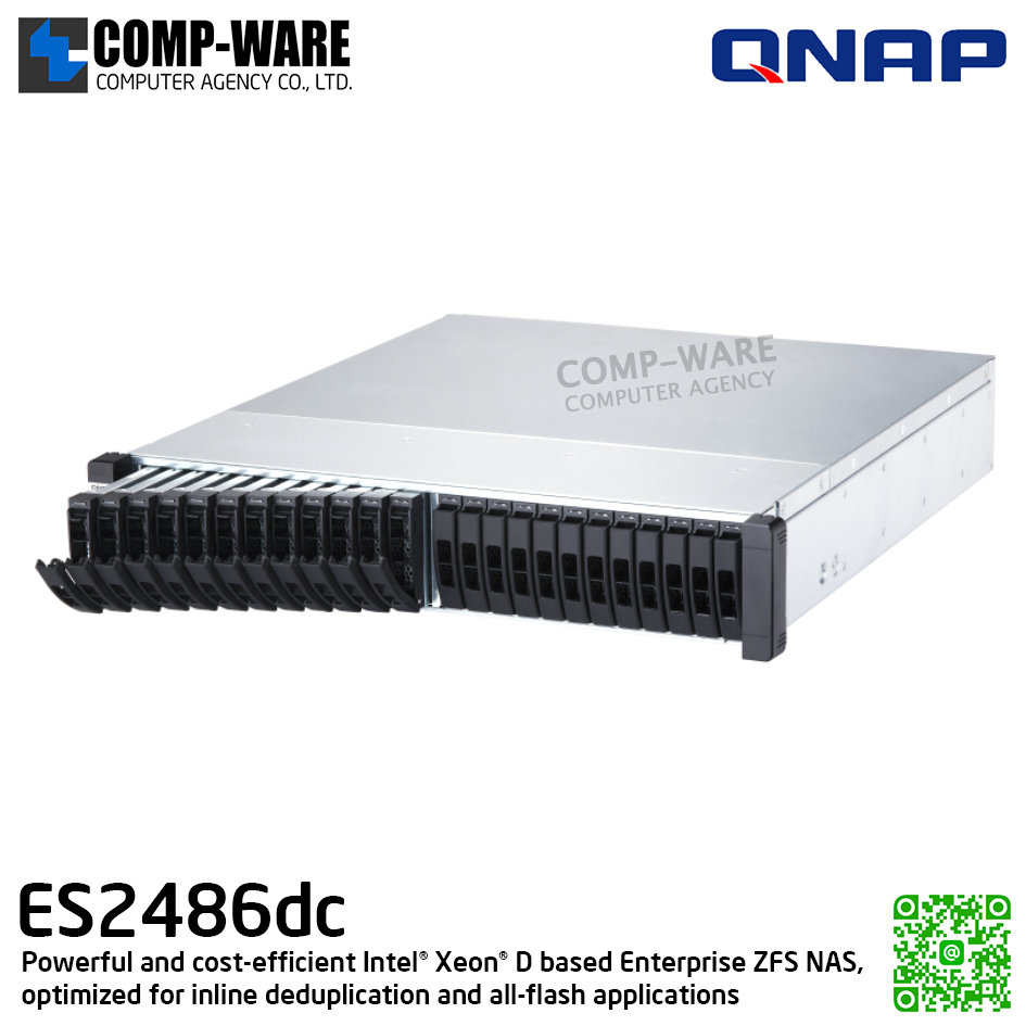 QNAP (2U 24-Bay) ES2486dc-2142IT-96G / Intel Xeon D-2142IT (8-Core) / 96GB DDR4 / 24 x 2.5" SAS 12Gbps / 3 x Gigabit LAN / 4 x 10G-bE SFP+ / Redundant PSU / 5Y Warranty / No HDD / Rail Kit RAIL-E02