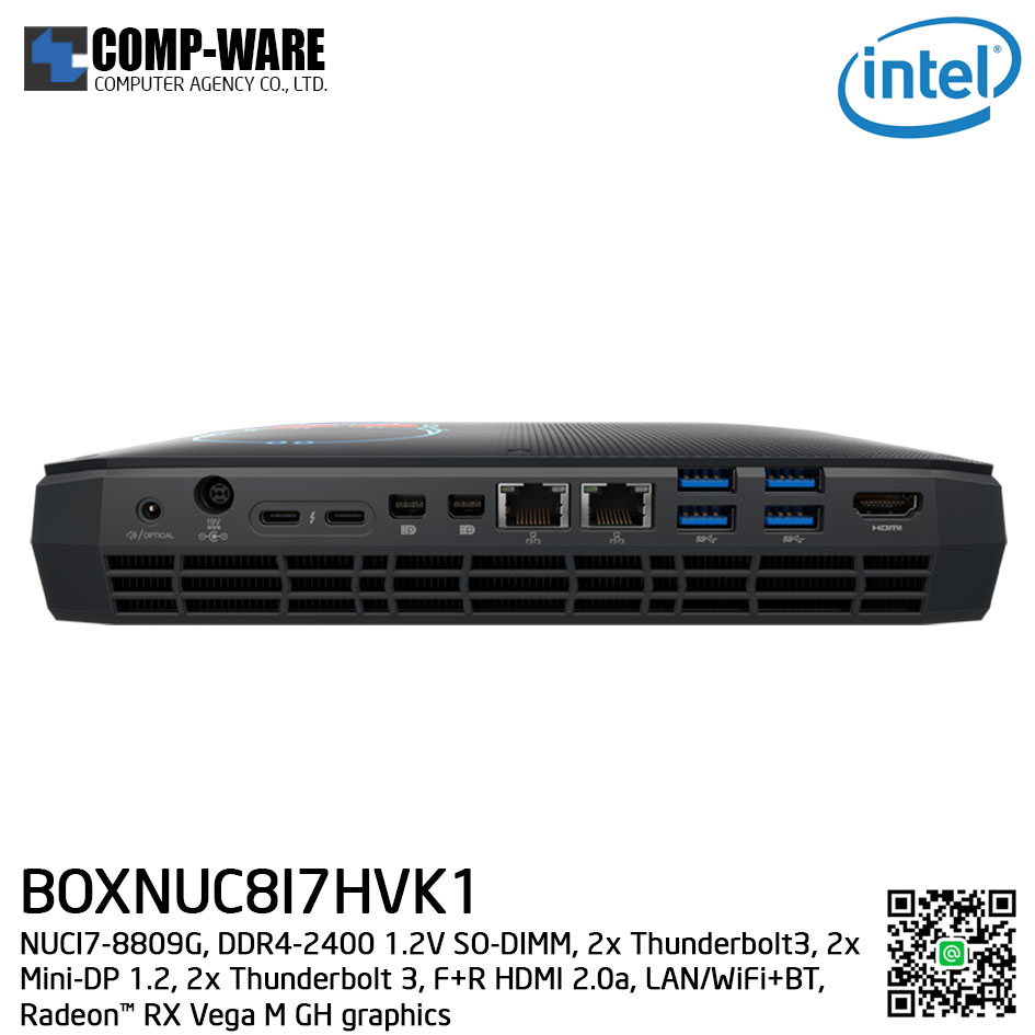 Intel NUC8I7HVK Mini PC NUC Kit - (Core I7-8809G, 1 X M.2 ,DDR4-2400+ 1.2V SO-DIMM, 2x Thunderbolt3, 2x Mini-DP 1.2, 2x Thunderbolt 3, F+R HDMI 2.0a, LAN/WiFi+BT, Radeon™ RX Vega M GH graphics) BOXNUC8I7HVK1
