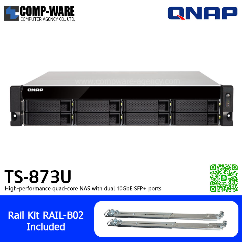 QNAP NAS (2U 8-Bay) TS-873U-4G (4GB RAM up to 64GB) AMD R-Series RX-421ND , 2 x 10GbE SFP+ ,Single Power Supply w/Rail Kit RAIL-B02, No HDD