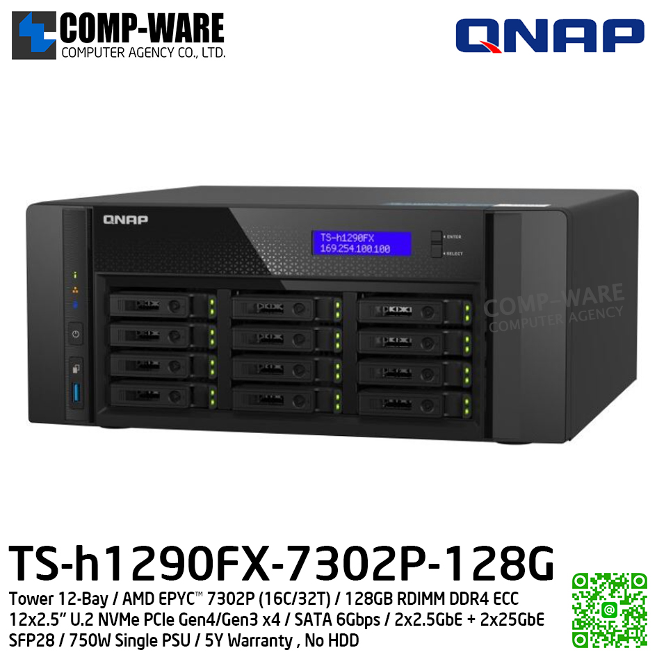 QNAP (Tower 12-Bay) TS-h1290FX-7302P-128G / AMD EPYC™ 7302P (16C/32T) / 128GB RDIMM DDR4 ECC (8 x 16GB) / 12 x 2.5" U.2 NVMe PCIe Gen4/Gen3 x4 / SATA 6Gbps / 2 x 2.5GbE + 2 x 25GbE SFP28 / 750W Single PSU / 5Y Warranty , No HDD