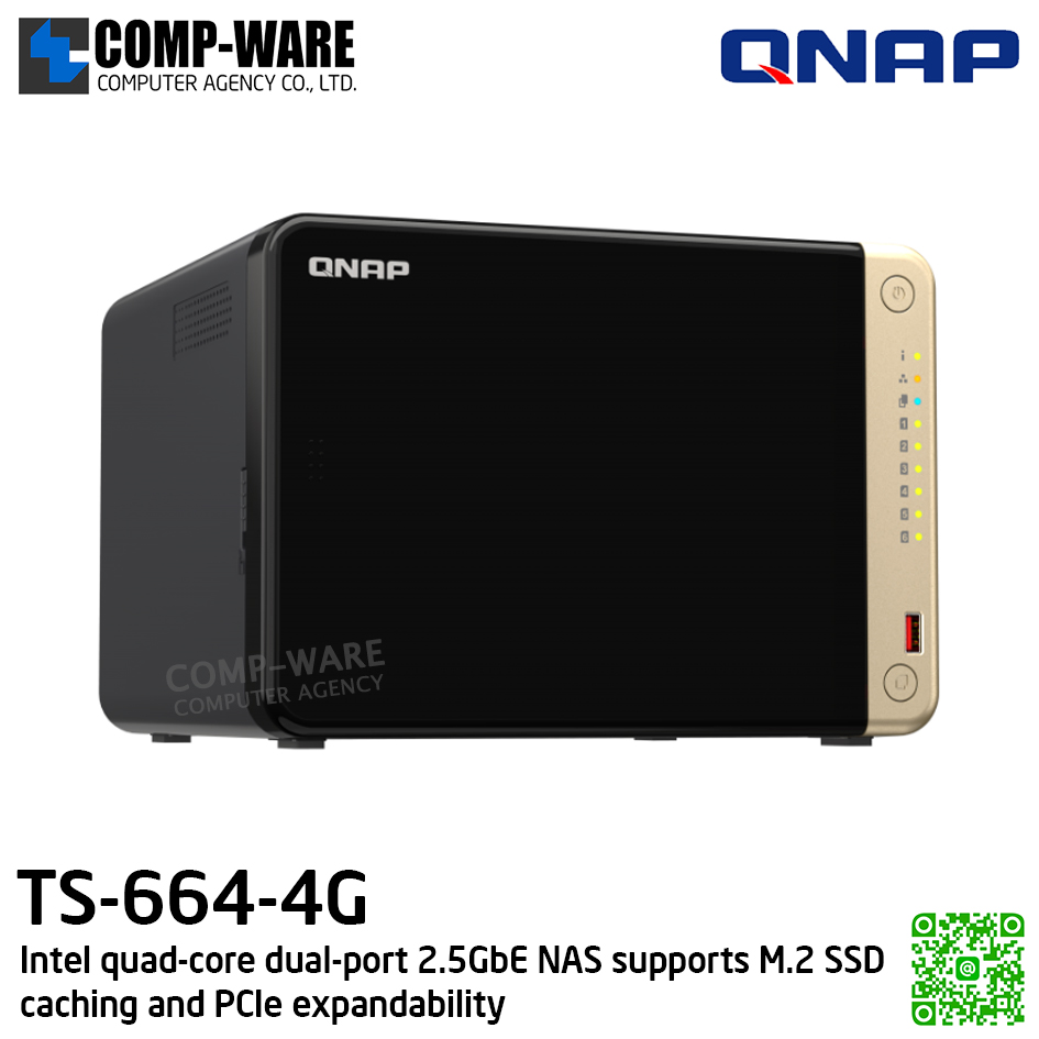 QNAP (Tower 6-Bay) TS-664-4G / Intel Celeron N5105/N5095 / 4GB DDR4 SODIMM / 6 x 3.5-inch SATA 6Gb/s / 2 x 2.5GbE / 2 x M.2 2280 / 1xHDMI / Adapter Power / 3Y Warranty / No HDD