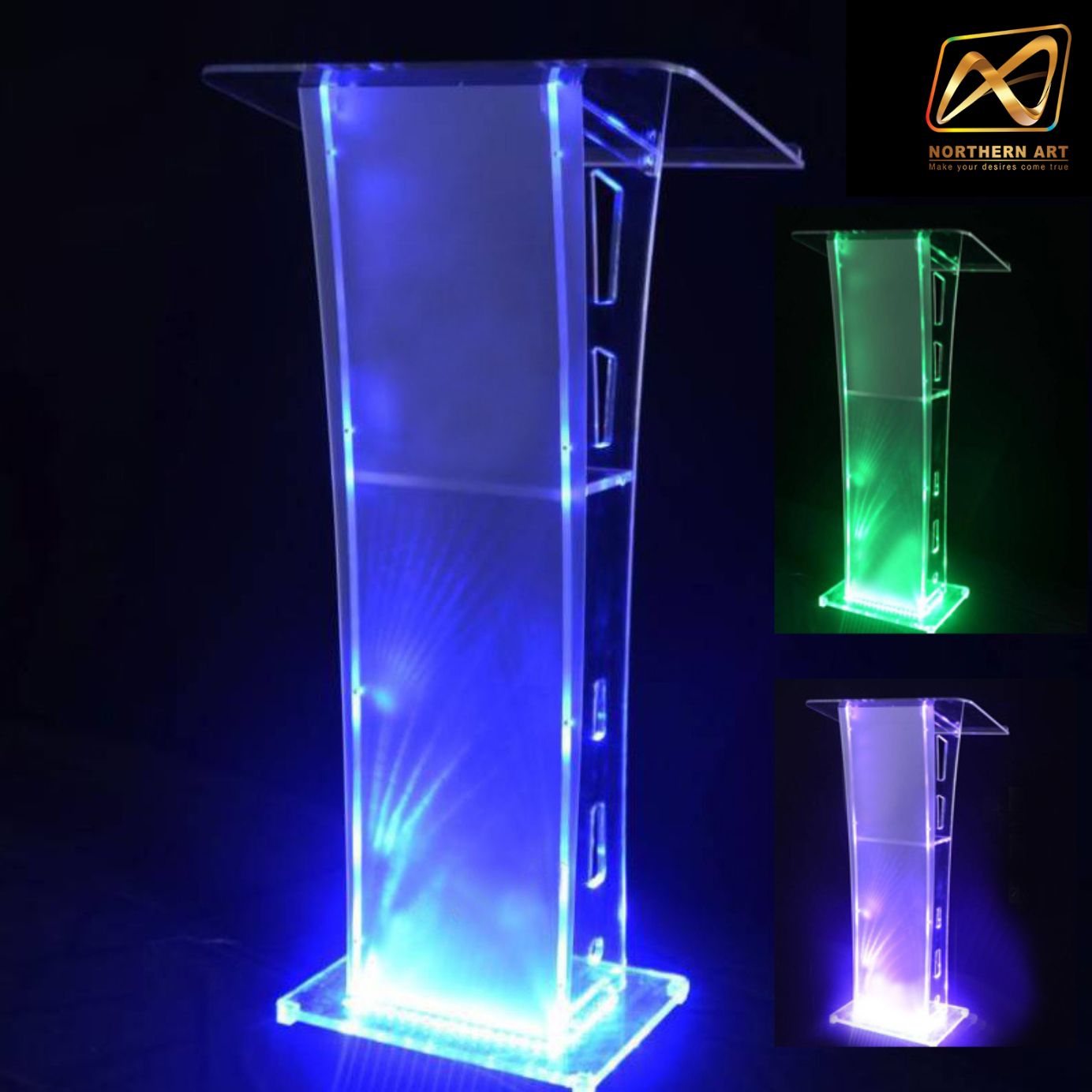 เช่าโพเดียม อะคริลิค เรืองแสงLED เปลี่ยนสีได้ พร้อมรีโมท ขนาด 60x40x115 cm.