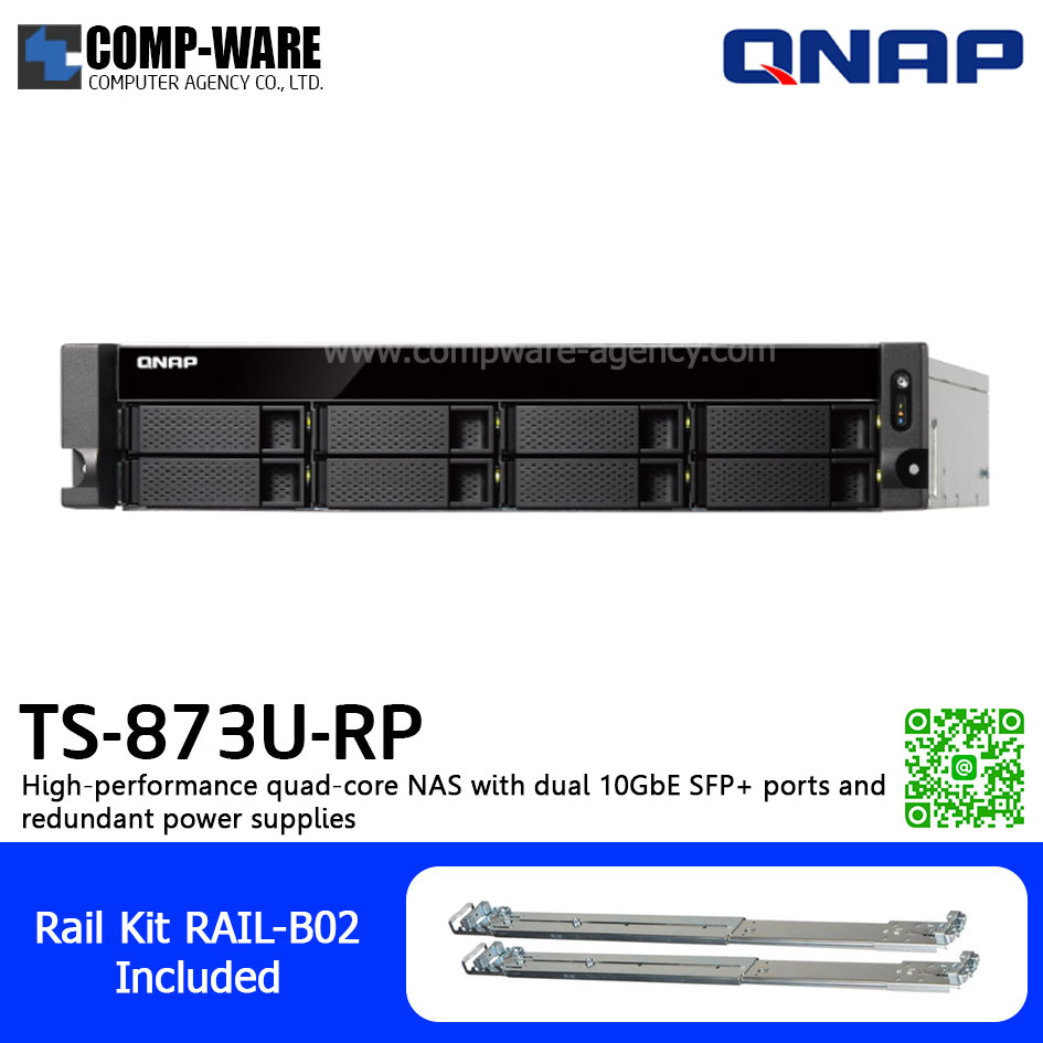 QNAP NAS (2U 8-Bay) TS-873U-RP-8G (8GB RAM up to 64GB) AMD R-Series RX-421ND , 2 x 10GbE SFP+ ,Redundant Power Supply w/Rail Kit RAIL-B02, No HDD