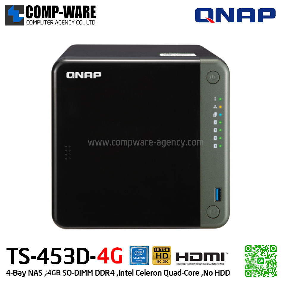 QNAP NAS (4-Bay) TS-453D (4GB RAM up to 8GB) Intel Celeron Quad-Core ,No HDD รับประกัน 3ปี (สามารถเพิ่มประกันตัวเครื่องเป็น 5ปีได้-option)