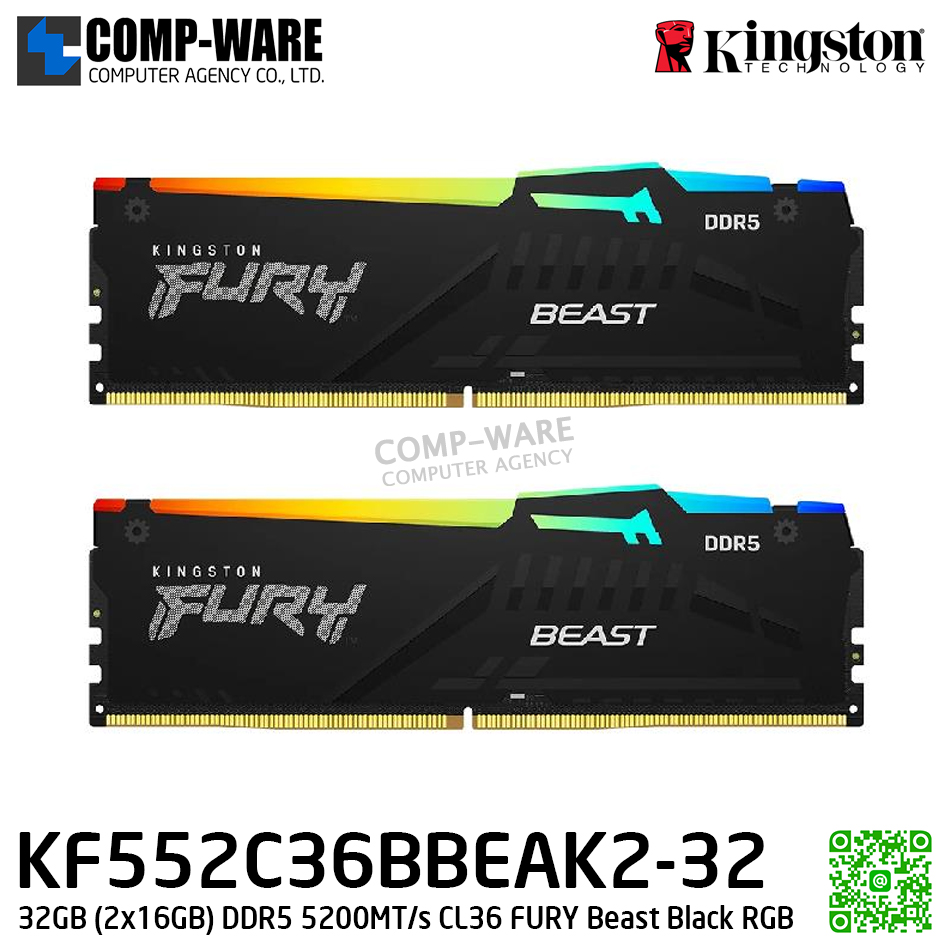 Kingston KF552C36BBEAK2-32 32GB (2x16GB) DDR5 5200MT/s CL36 FURY Beast Black RGB - Lifetime Warranty - Memory Module - RAM
