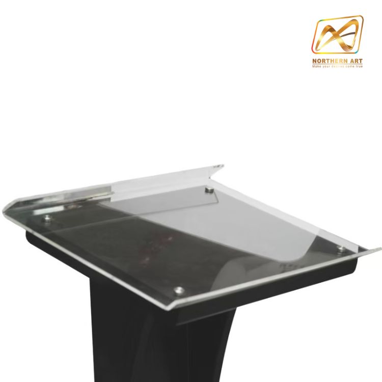 โพเดียมไม้ สีดำ ขนาด (W) 48 x (L) 40 x (H) 120 cm. Top เอียง ปิดทับอะคริลิคใสพร้อมหมุด