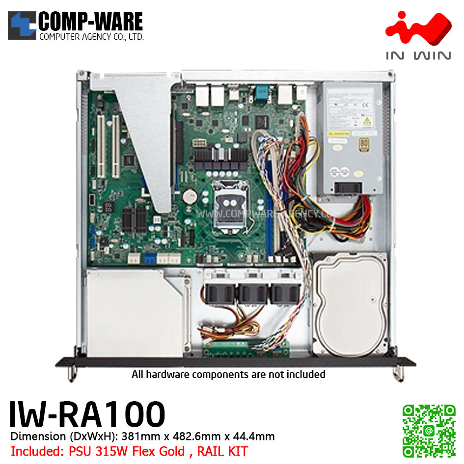 InWin Rackmount Server Chassis IW-RA100 1U (Deep: 15inch) ,315W Flex Gold supplies, slide rail IW-RA100-1151 เคสเปล่าพร้อมพาวเวอร์ซัพพลายในตัว
