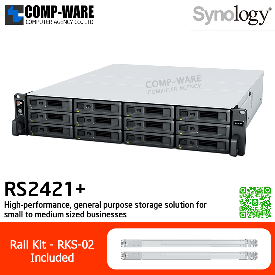 Synology RackStation (2U 12-Bay) RS2421+ / AMD Ryzen V1500B / 4GB DDR4 ECC (Max. 32GB) / 4x1GbE Base T, 25GbE/ 10GbE NIC & M.2 SATA SSD (Optional) / Rail kit RKS-02 / No HDD / 3Y Warranty