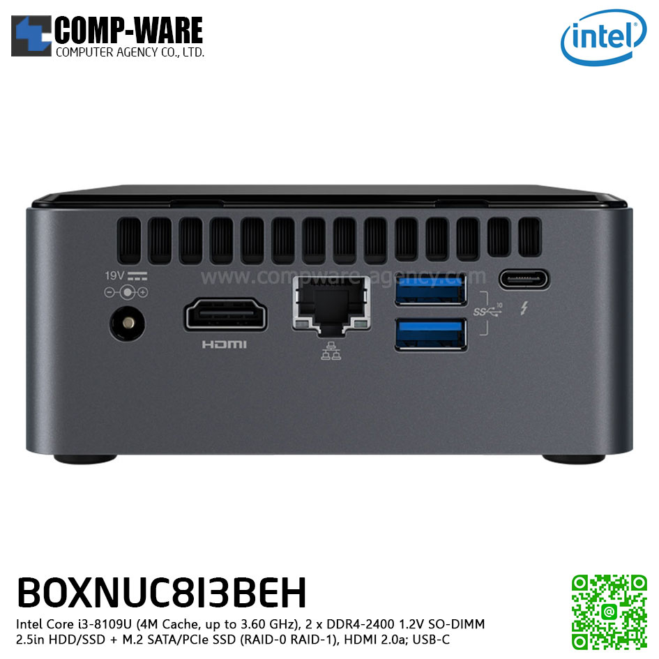 Intel NUC8I3BEH Mini PC NUC Tall Kit - Intel Core i3-8109U (4M Cache, up to 3.60 GHz), 2 x DDR4-2400 1.2V SO-DIMM, 2.5" HDD/SSD + M.2 SATA/PCIe SSD (RAID-0 RAID-1), HDMI 2.0a; USB-C (DP1.2) BOXNUC8I3BEH1