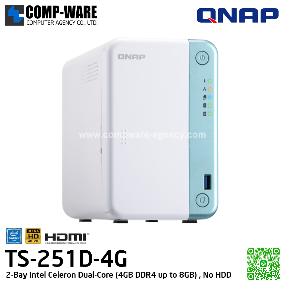 QNAP NAS (2-Bay) TS-251D (4GB DDR4 RAM up to 8GB) Intel Celeron J4005 Dual-Core HD Graphics 600, No HDD / TS-251D-4G