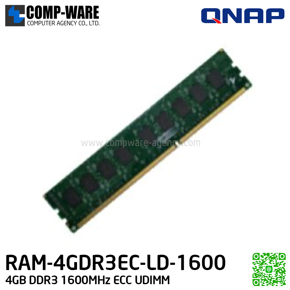 QNAP RAM Module 4GB DDR3 1600MHz ECC UDIMM (1Y Warranty) RAM-4GDR3EC-LD-1600