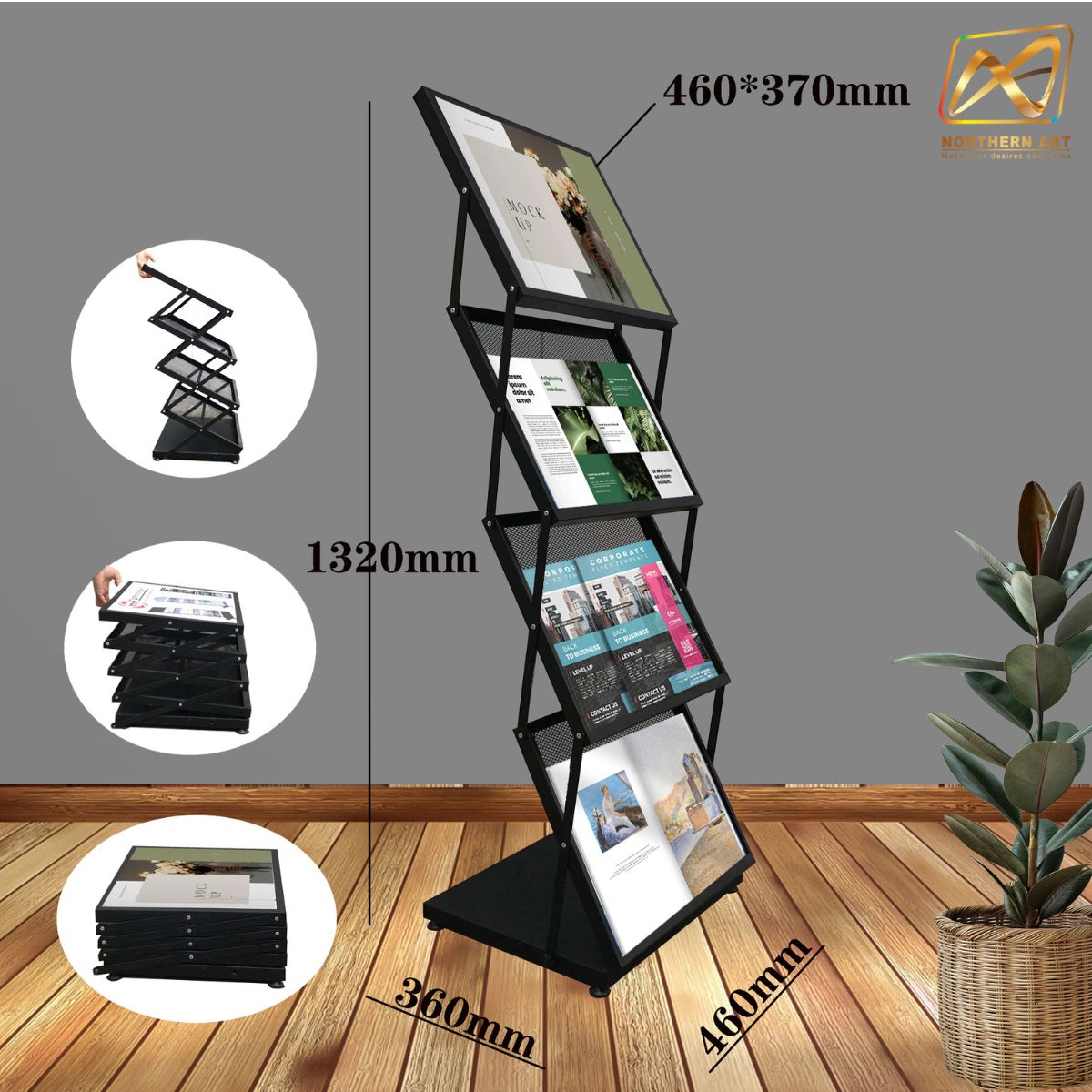 ชั้นวางโบชัวร์ตะแกรงเหล็ก 3 ชั้น สีดำ ขนาด (W)44 x (L)36 x (H)133 cm. พับเก็บได้ เคลื่อนย้ายสะดวก