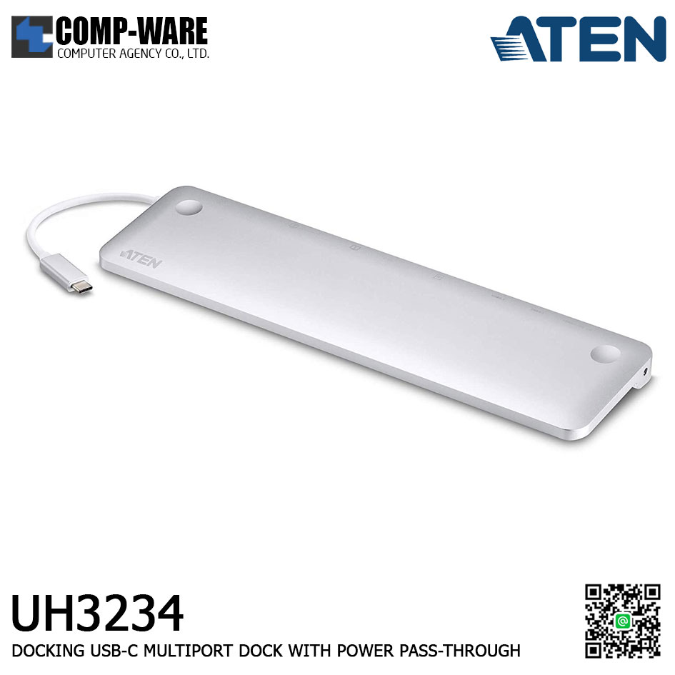 ATEN DOCKING USB-C MULTIPORT DOCK WITH POWER PASS-THROUGH ALUMINUM รุ่น UH3234 สีเงิน ประกัน 3 ปี