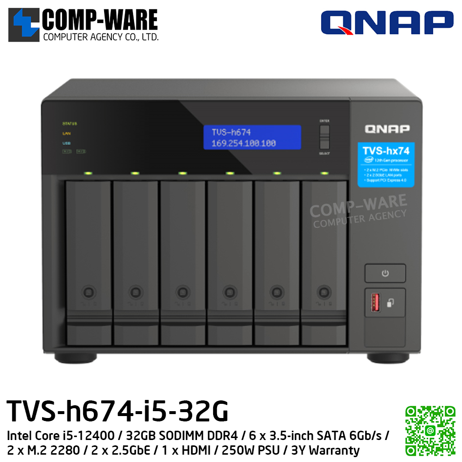 QNAP (Tower 6-Bay) TVS-h674-i5-32G / Intel Core i5-12400 / 32GB SODIMM DDR4 / 6 x 3.5-inch SATA 6Gb/s / 2 x M.2 2280 / 2 x 2.5GbE / 1 x HDMI / 250W PSU / 3Y Warranty / No HDD